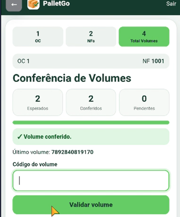 Tela mobile de conferência de volumes com leitura e validação